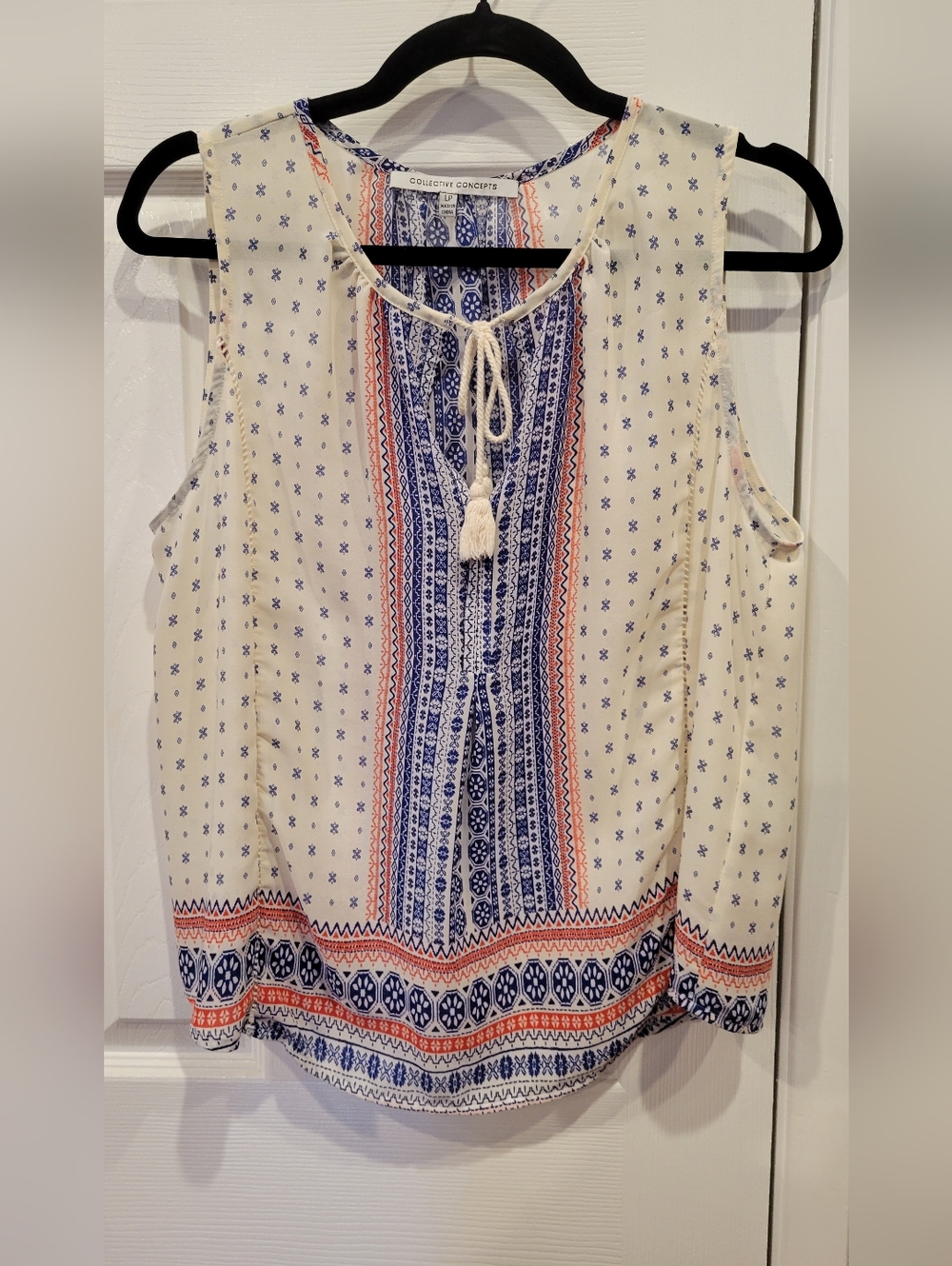 Collective Concepts Cream Sleeveless Boho Top with Blue and Coral Trim